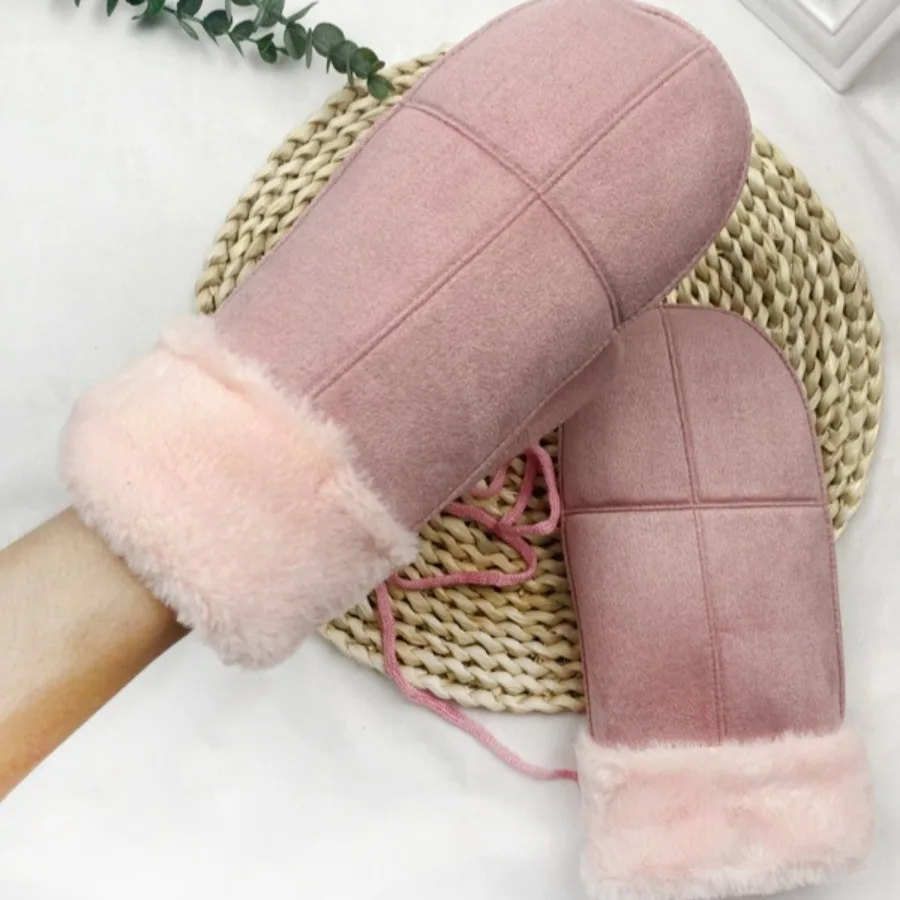 Women's Winter Thermal Mittens Convertible Suede Mittens with Neck Strap, Plush Lined Insulated Gloves Outdoor Cycling Skiing