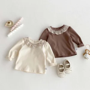 Autumn girls floral lace round neck T-shirt long sleeve top, baby girls sweet long sleeve versatile outside wear base T-shirt, v