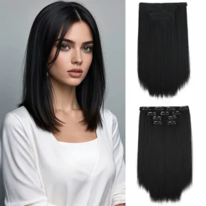 14-inch synthetic 4-piece straight hair wig clip on a woman's hair extension heat-resistant wig black