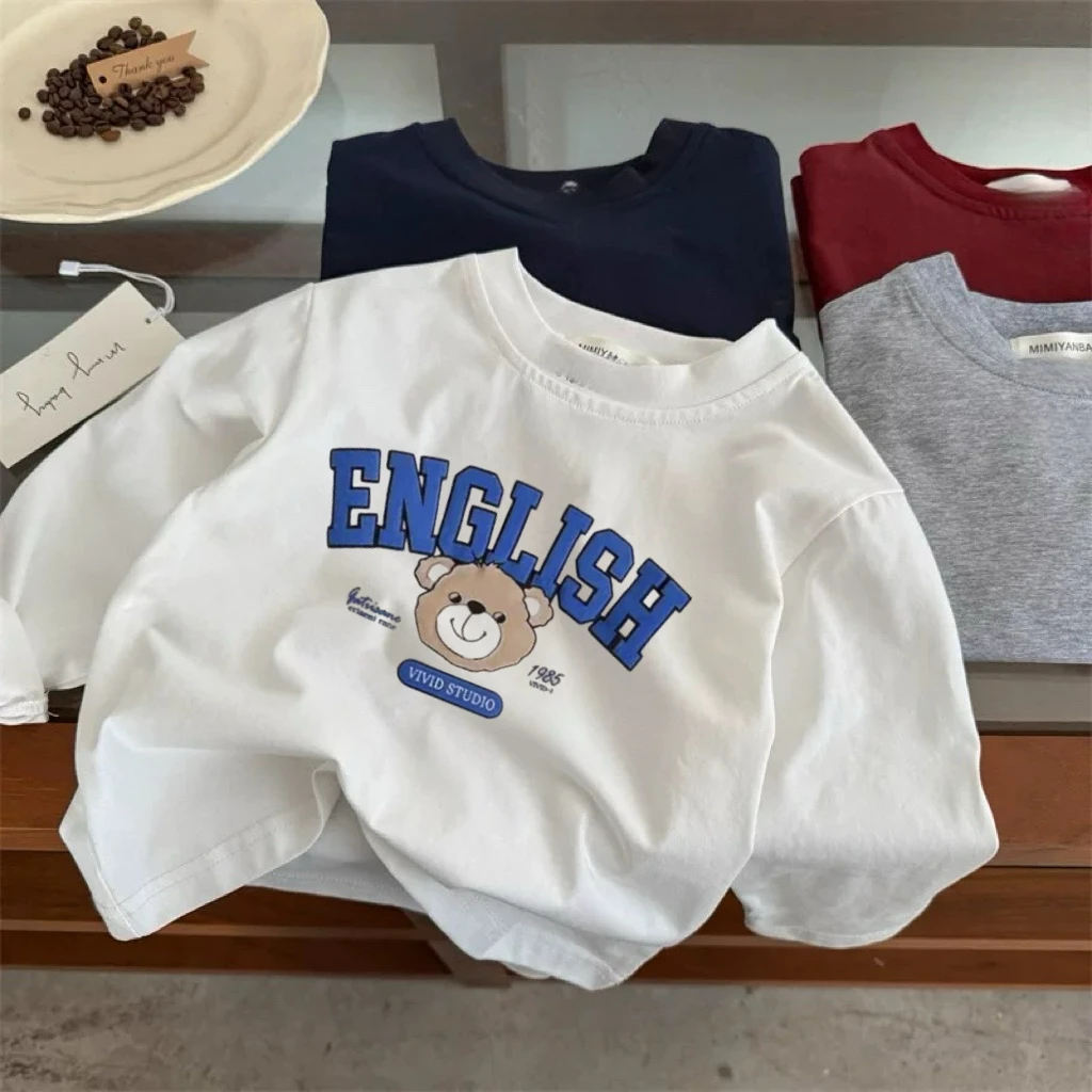 Little Bear Printed T-shirts Long-sleeved Tops 0-7Years Child Lovely Fashion Crewneck Tops Baby Clothes 2026 Spring Autumn Wear