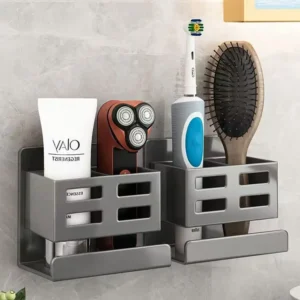 Gray Wall-Mounted No-Drill Bathroom Sink Multi-Functional Storage Rack Comb Toothbrush Razor Holder Box