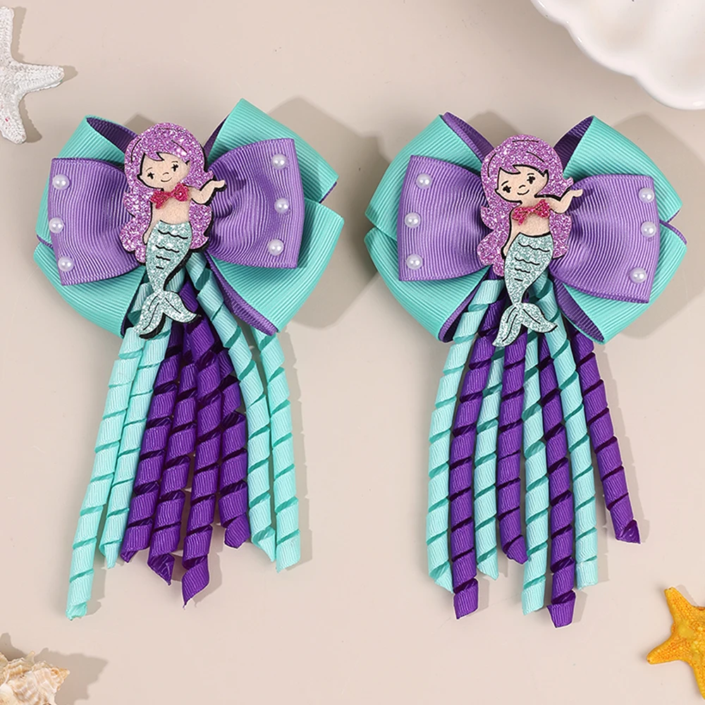 2Pcs Girls Mermaid Bow Hair Clips Cute Cartoon Mermaid Pearls Hairpins Octopus Curled Grosgrain Ribbon Barrette Hair Accessories