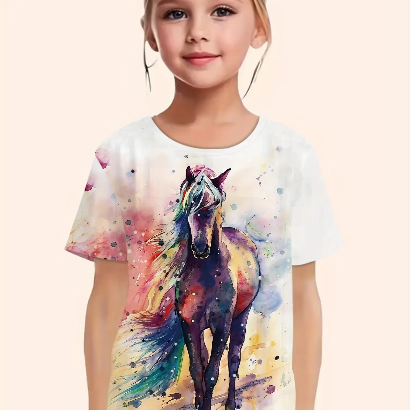 Children's Clothing Girl Clothes Short Sleeve Girl T-Shirt Casual Vintage Horse Print Kids Summer Clothes Girl Top O-Neck Tees