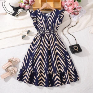 Girls Sleeveless Striped Navy Blue Dress Shirred-Waist Aline Dress Summer Tween Girls Dress Daily Casual Activity Baptism Dress