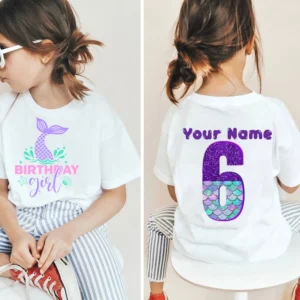 Custom Name Mermaid Birthday Girl Tshirt1-9yeas Kids Tshirt Birthday Party Gift Clothing Front Back Print Pattern Tshirt Tops