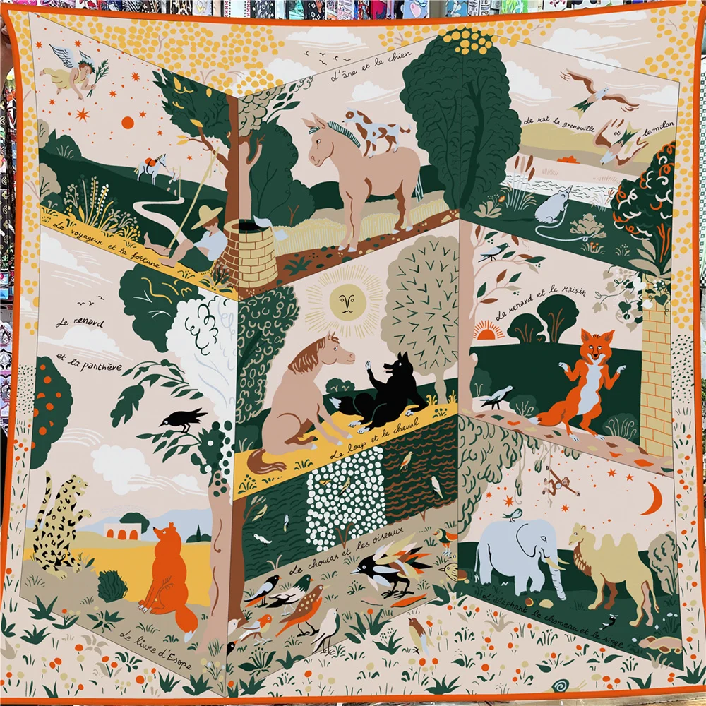 POBING 30% Silk 70% Cashmere Scarf Women Hand Rolled Animals Print Square Scarves Wraps Bandana Big Hijabs Female Foulard 135CM