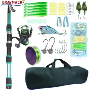 BRAVMACK Fishing Rod and Reel Line Lure Set Carbon Fiber Telescopic Fishing Rod 5.2:1BB Spinning Reel for Saltwater Freshwater