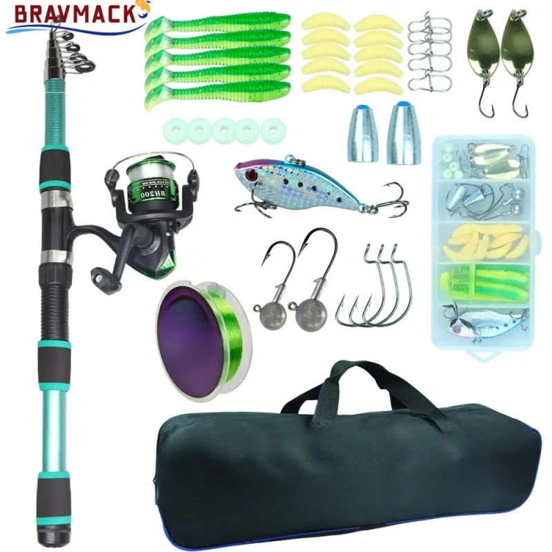 BRAVMACK Fishing Rod and Reel Line Lure Set Carbon Fiber Telescopic Fishing Rod 5.2:1BB Spinning Reel for Saltwater Freshwater