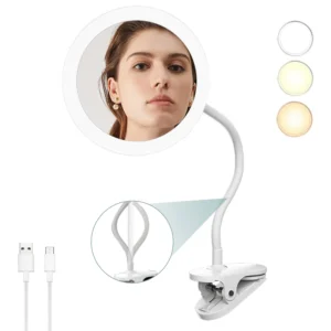 TUSHENGTU 6.5" Clip on Vanity Makeup desk Mirror with Light, flexible gooseneck Travel 10x Magnifying Mirror,USB Recharge