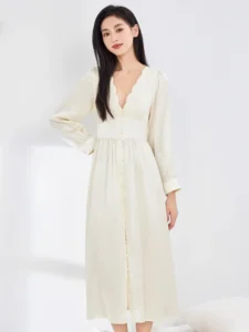 Deep V-neck Long Silk Nightdress 100% Mulberry Silk Long Sleeve Chemise Sexy Sleep Shirt Dress for Women Korean Button Nightgown
