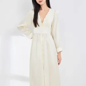 Deep V-neck Long Silk Nightdress 100% Mulberry Silk Long Sleeve Chemise Sexy Sleep Shirt Dress for Women Korean Button Nightgown