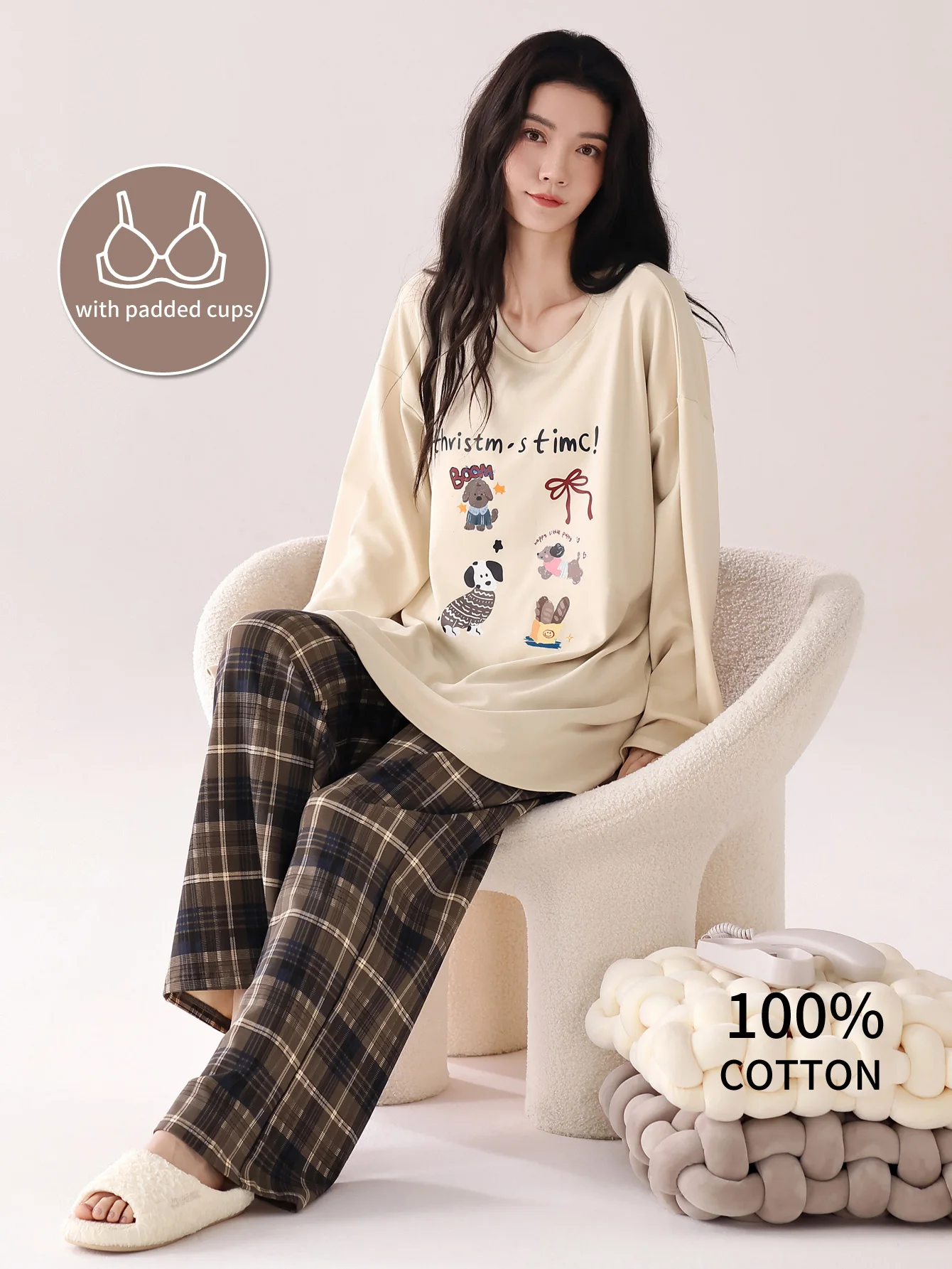 100% Pure Cotton Sleepwear with Chest Cushion, Autumn and Winter Women's Long-Sleeved Pants, Pure Cotton Plus Size Women's Loungewear