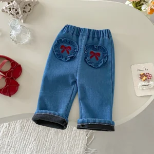 LILIGIRL 2025 Winter Girls Jeans Bow Embroidery Kids Denim Pants Skinny Girls Pants Fur Lining Pants 1-5 Y