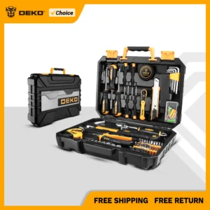 DEKO Home Repair Tool Kit - 62/100/128/158/196 Pieces in Plastic Tool Box Storage Case for Home Repair Beginner Woodwroking