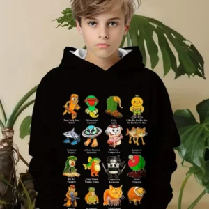 Funny Cappuccino Assassino Hoodies Boys Girls Funny Italian Brainrot Print Hoodie Long Sleeve Hooded Tops Kids Humor Sweatshirts