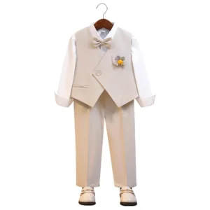 Gentleman Kids Summer Breathable Wedding Dress School Boys Vest Shirt Pants Bowtie Photography Suit Children Birthday Costume