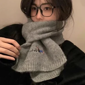 Japanese Embroidery Puppy Solid Color Knitted Scarf Female Autumn and Winter Student Warm Versatile Cashmere Scarf Unisex