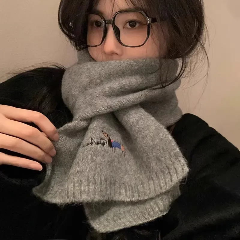 Japanese Embroidery Puppy Solid Color Knitted Scarf Female Autumn and Winter Student Warm Versatile Cashmere Scarf Unisex
