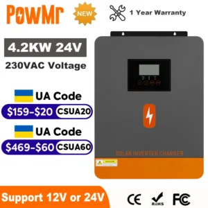 PowMr 4.2KW Hybrid Solar Inverter 24V 220V Off Grid Pure Sine Inverter Dual Output Built in WIFI with MPPT 100A Solar Charger