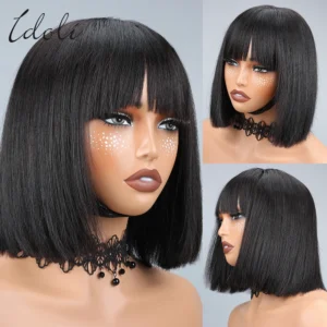 Idoli Human Hair Wigs for Black Women with Bangs 1X13 Lace Front Wig Straight Short Bob Wig Human Hair Natural Color 8 10Inch