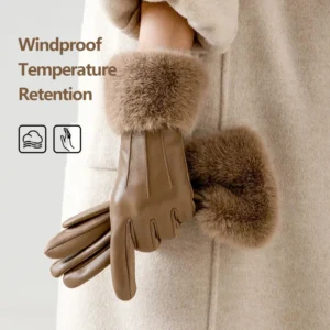 Winter Luxury Women's PU Leather Gloves Wrist Soft Faux Fur Trim Cuff Fashion Elegant Party Warm Touch Screen Drive Cycling