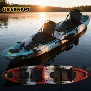 2 Seater Rotomolded Plastic Kayak Boat, Fishing Canoe with Chair Back Seat & Rod Holder for Lake River Recreation