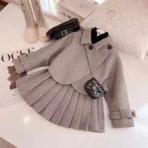 Spring and Autumn Girls' Woolen Suit Coat Pleated Short Skirt Two-Piece Set Little Girl Cotton and Thickening Fashionable