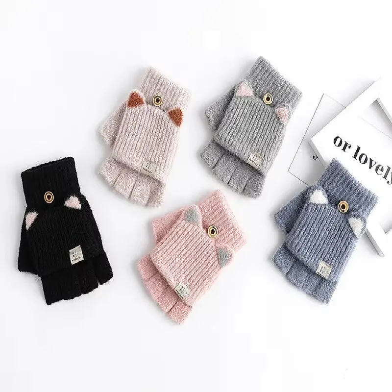 Winter Women Knitted Gloves Thick Woolen Female Mittens Cute Flip Fingerless Exposed Finger Girl Gloves For Cycling and Exercise