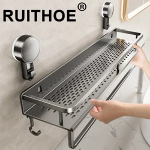 Space Aluminum Suction Cup Bathroom Rack No-punch Wall Mount Shower Storage Shelf Large Capacity Strong Load-bearing