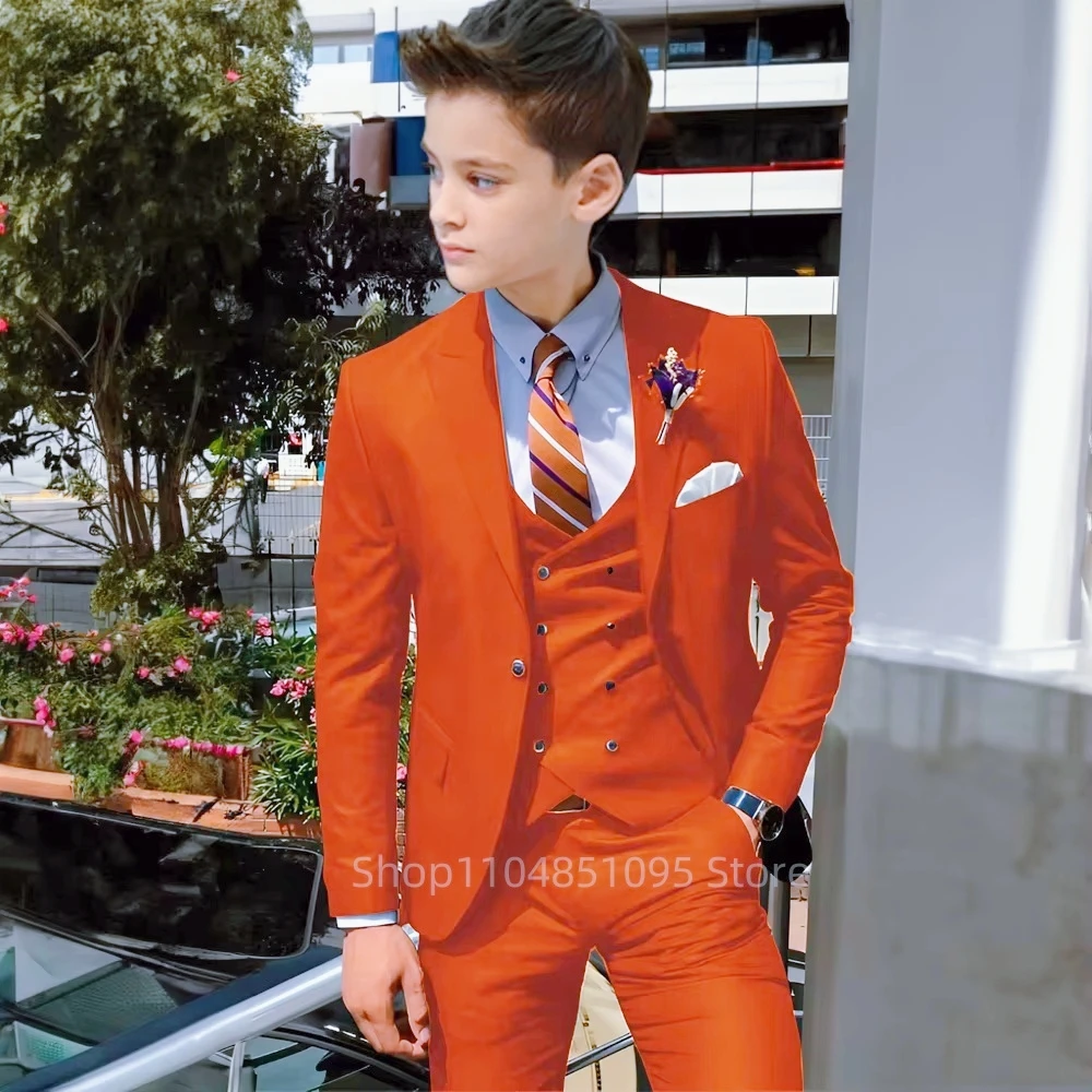 High-end Dark Orange Solid Boy Suits Elegant Peak Lapel Single Breasted Three Piece Fashion Business Casual Wedding Party Tuxedo