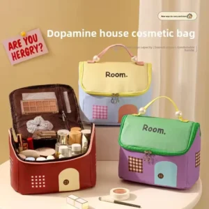 Fashion Colorful Patchwork Small House Portable Large Capacity Cute Travel Cosmetic Bag Women’s Handbag Toiletry Makeup Bag