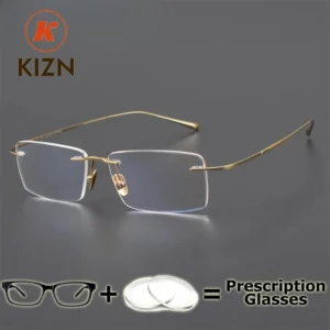 KIZN Rimless Prescription Glasses for Vision High End Wide Field Optical Progressive Multifocal MR-8 Lenses Anti Blue Light