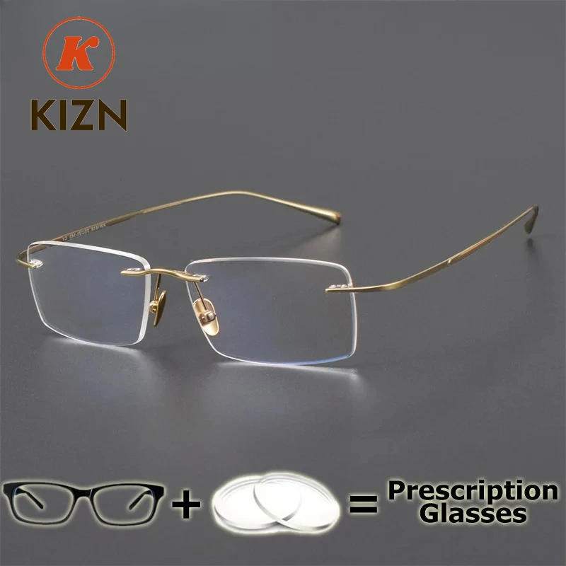 KIZN Rimless Prescription Glasses for Vision High End Wide Field Optical Progressive Multifocal MR-8 Lenses Anti Blue Light