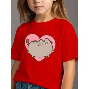 Summer Cute Cat Heart-shaped Printed Children's T-shirt Girls Trendy Cotton Tees Soft Comfortable Kids Clothes Round Neck Tops
