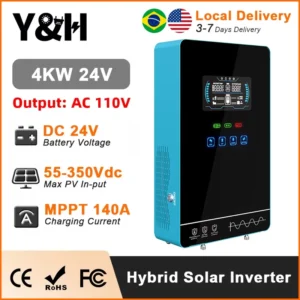 Y&H 4KW Hybrid Solar Inverter 24V 110V Pure Sine Wave Battery-Free Starting Built MPPT 140A Solar Charger Solar System BMS/WiFi