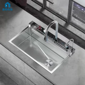 Waterfall Stainless Steel Kitchen Sink Multifunction Digital Display Faucet Wash Dish and Vegetables Basin Large Single Slot