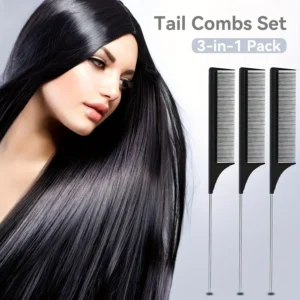 3pcs Hair Rat Tail Combs Set -Heat-Resistant plastic Comb, Fine-Tooth Detangling Brush with Black/Powder Stainless Steel Pintail