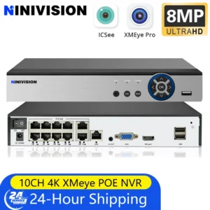 NVR For Security Camera System 4K 10CH Network Video Recorder 4K PoE IP Camera Face Detection 24/7 Recording (HDD Not Included)