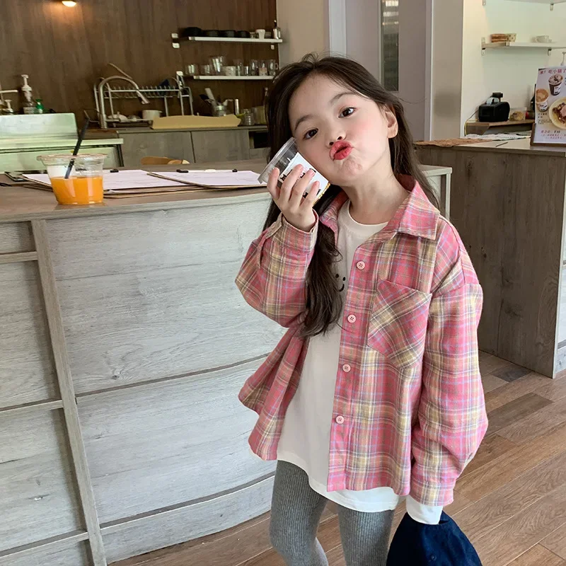 2023 Autumn New Fashionable Pink Plaid Sweet Girls Shirt Top Children Clothing Girls Shirt Coat Korean Style Long Sleeved