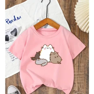 Children's Cartoon Kitten Printed Cotton T-shirt Soft Round Neck Short Sleeved Suitable for Boys and Girls Summer Tops
