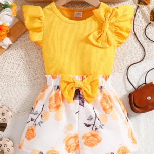 2025 Fashion Girl Summer solid color breathable, wear-resistant and washable knitted top with flower print pattern dress