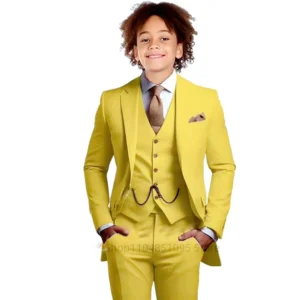 3 Piece Yellow Boys Suit Fashion Design Jacket Pants Vest Wedding Kids Tuxedo Formal Graduation Outfit Stage Performance Suit