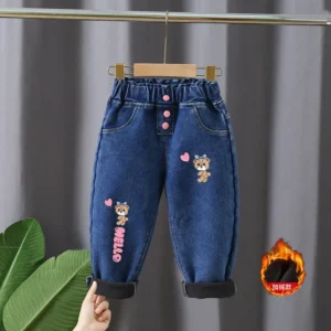 Children's jeans 2024 new girls' winter with plush thick printed cartoon denim pants children's elastic warm pants1-6Y
