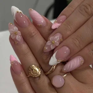 24PCS Pink Almond Press on Nails Full Cover Carved Flower 3D Ripples French Fake Nails for Women with Golden Pearl Wearable Nail