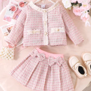 2PCS Cross Border Autumn New Girl Baby 1-6 Years Old Sweet And Cute Pink Round Neck Jacket+Pleated Skirt Set
