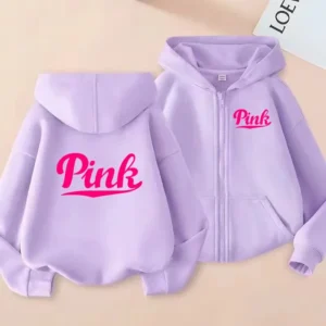 Pink Letters Kids Clothes Zipper Style Long Sleeve Hoodie Top Girls Boys 3-12 Years Leisure Sweatshirt Fashion Sports Coat