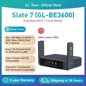 GL.iNet GL-BE3600( Slate 7) Wi-Fi 7 Router, Dual 2.5G Ports, Touch Screen, 3570Mbps Gaming Hotspot, VPN for Public & Hotel