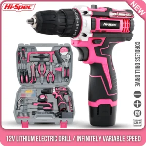 Hi-Spec Pink Electric Screwdriver Drills Kit Home Tool Kits Set Repair Electric Cordless Drills Complete Tool Box Kit Hammer