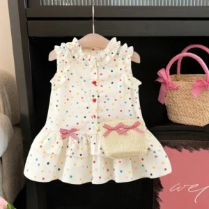 Cotton Dress for Baby Girl Heart Shaped Button Colorful Polka Dot Bow Dress Send Bag