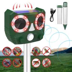 Outdoor solar powered animal repellent with alarm sound, capable of repelling mice, cats, dogs, birds, etc